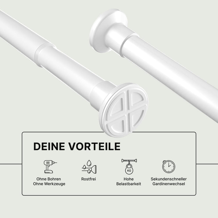 Gardinenstange ohne Bohren 90-160cm, Weiss, Ø 25 mm, Teleskopstange zum Klemmen - Vorhangstange Klem