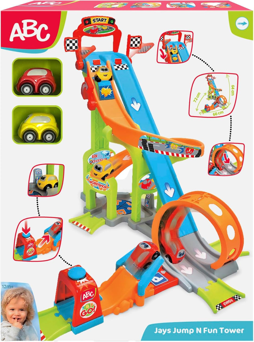 Dickie Toys ABC - Jays Jump N Fun Tower (66x72x64 cm) - Auto-Rennbahn ab 1 Jahr mit Looping, Schanze
