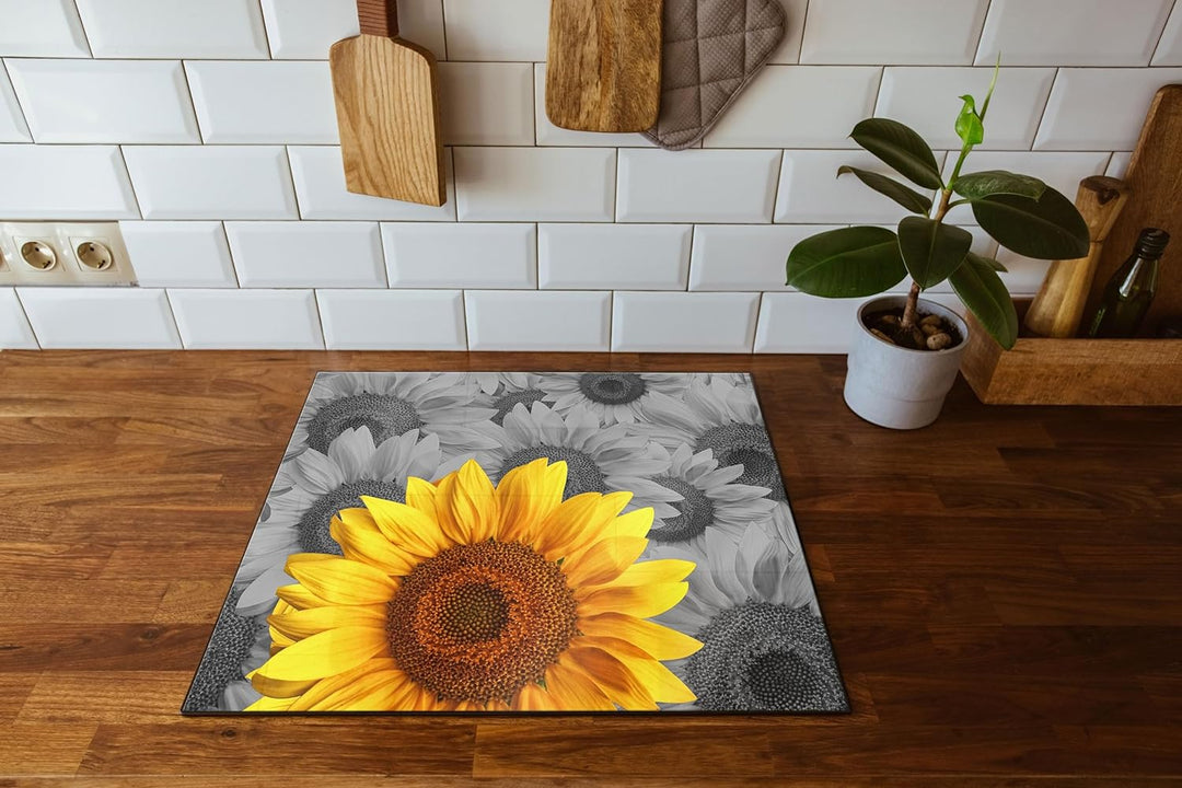 schöne Sonnenblumen Herdabdeckplatte & Spritzschutz aus Echtglas | Für Herd-Kochfelder | 60x52 cm