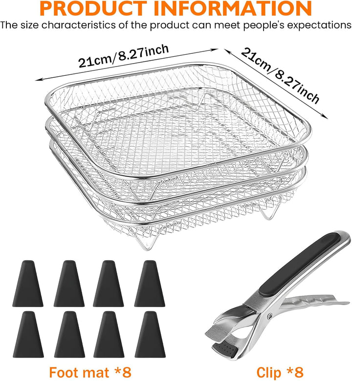 3 Stück Körbe Gitter für Heissluftfritteuse: 304 Edelstahl Air Fryer Racks mit 8 Silikonfüssen, Fryt