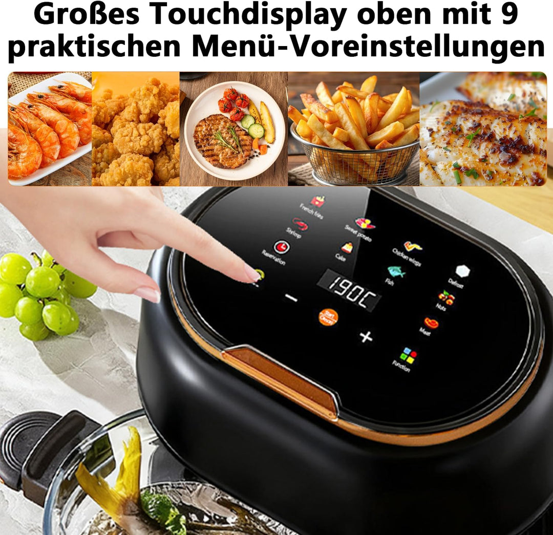Heissluftfritteuse 5L Airfryer,1350W 9 in 1 Multifunktionalität Touchscreen Air Fryer mit Glaskorb&S