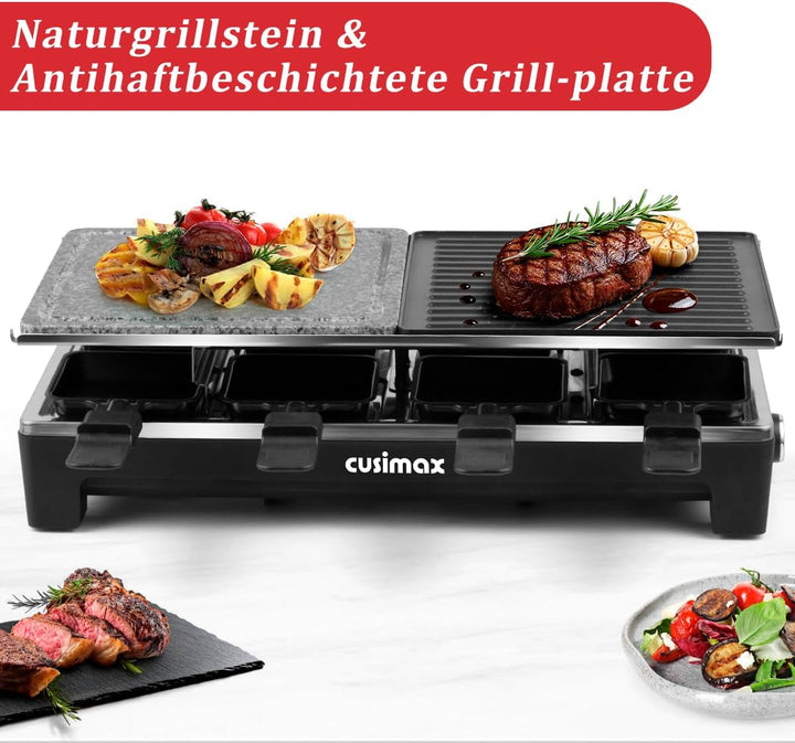 CUSIMAX Raclette Grill mit Reversible Grillpfanne & Natürlichem Grillstein, Raclette Partygrill für