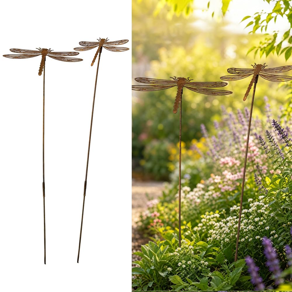 2er Set Gartenstecker Rost Libellen, Gartenstecker Metall, Gartendeko Rost für Draussen, Edelrost Ga