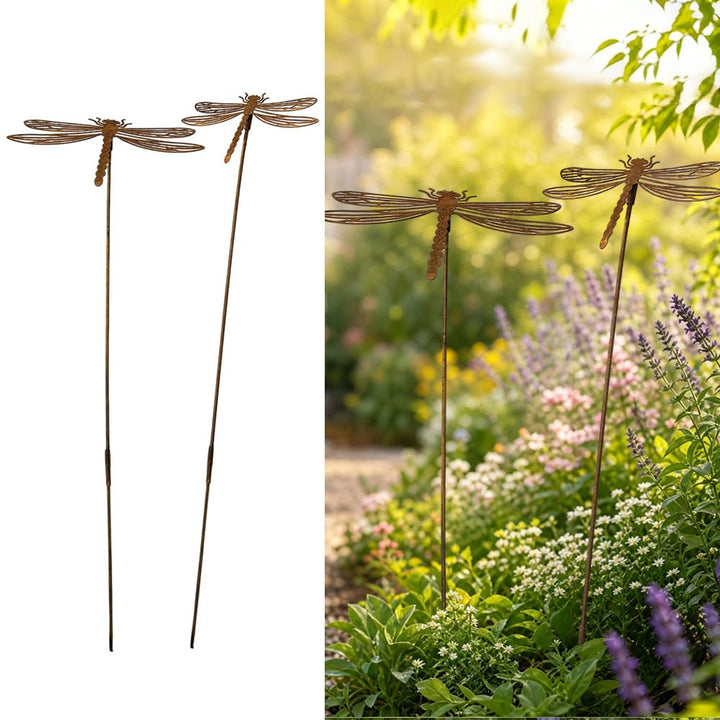 2er Set Gartenstecker Rost Libellen, Gartenstecker Metall, Gartendeko Rost für Draussen, Edelrost Ga