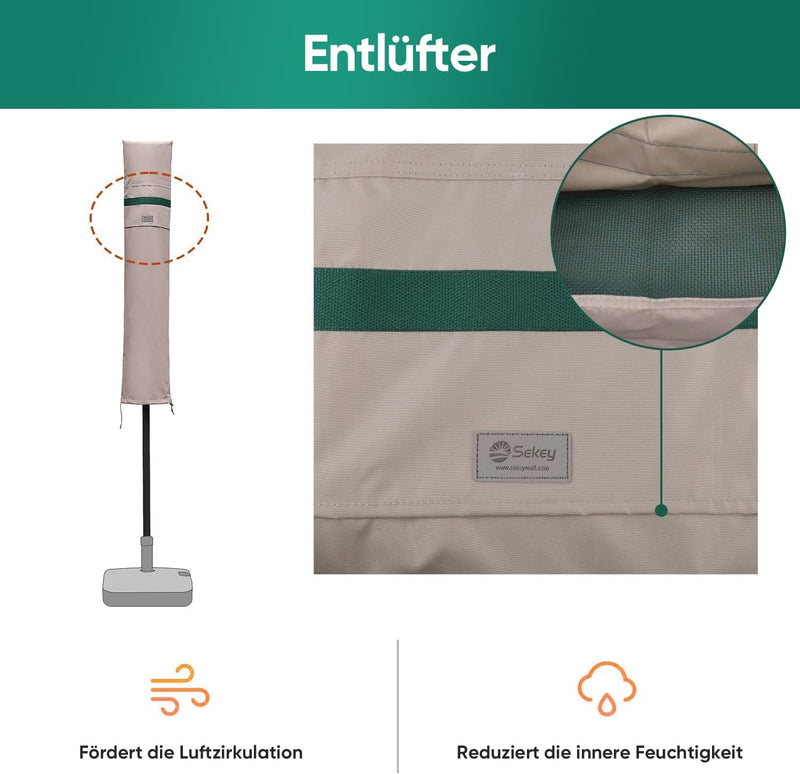 Sekey Ampelschirm / Sonnenschirm Schutzhülle mit Stab, Abdeckhauben für Gartenschirm mit Belüftungsö