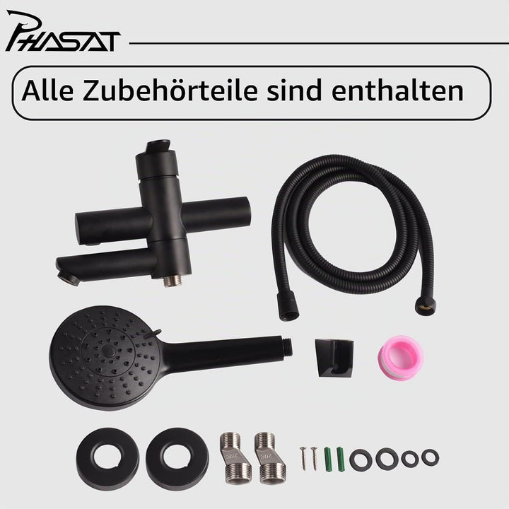 PHASAT Wandmontage Badewannenarmatur Badewannenarmaturen mit Handbrause Schwarzer Wasserhahn für Bad