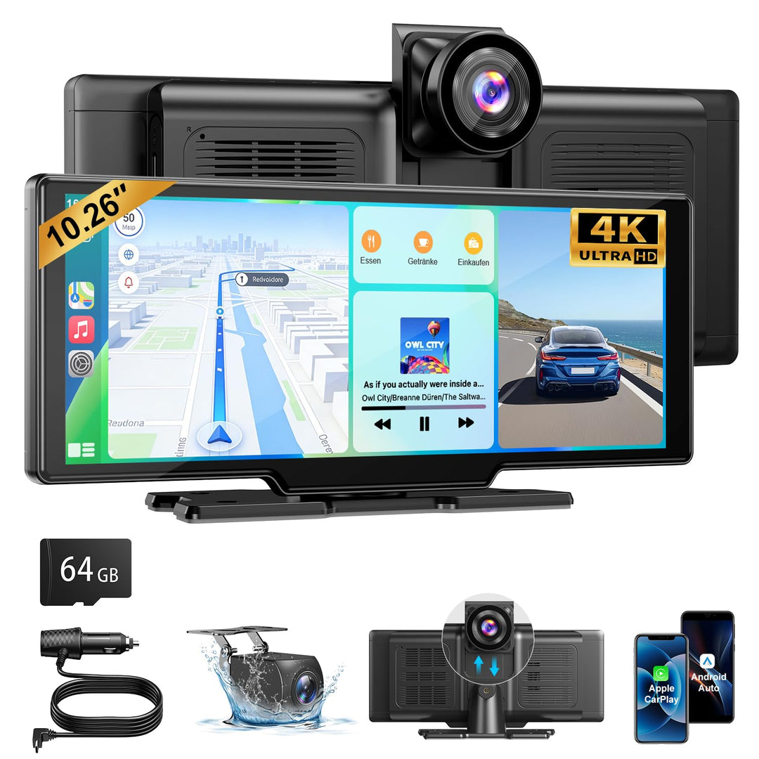 ESSGOO A-pple CarPlay & Android Auto,10.26 Zoll IPS Carplay Display,mit 4K-Dashcam,1080P-Rückfahrkam