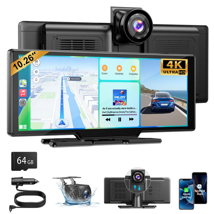 ESSGOO A-pple CarPlay & Android Auto,10.26 Zoll IPS Carplay Display,mit 4K-Dashcam,1080P-Rückfahrkam