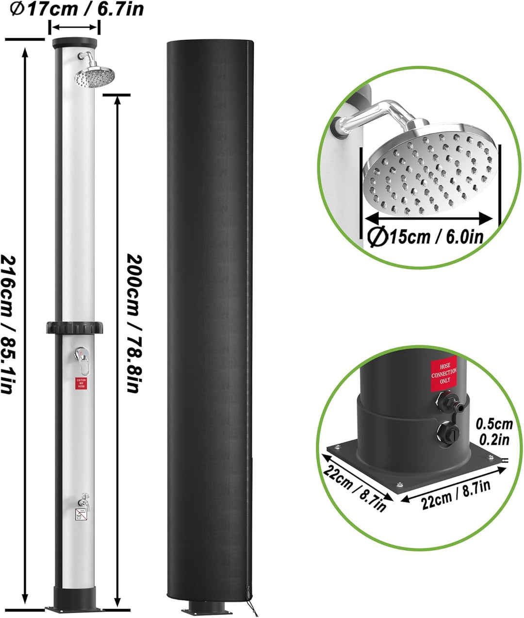 Solardusche mit 40 Liter, Aussendusche 216 cm Höhe, Regenduschkopf 360° Drehbar, Wassertemperatur bi