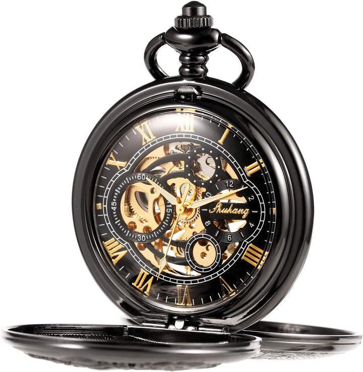 TREEWETO Unisex Taschenuhr Mechanisch Doppelter Abdeckung Vogelschild Skelett Steampunk Für Herren D