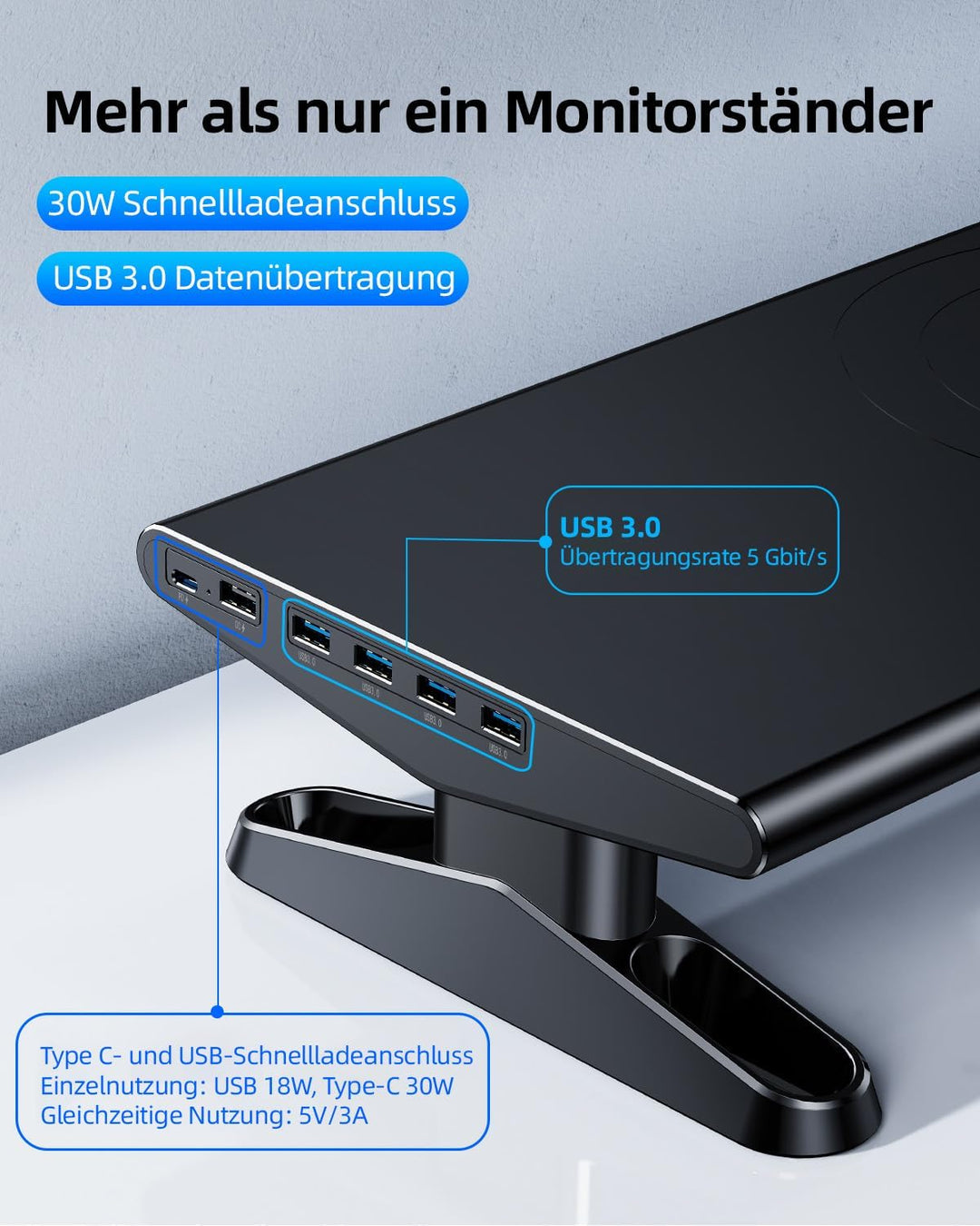 Monitorständer mit 6 USB C 3.0 Hub,HöHenverstellbar Monitor Erhöhung Schreibtisch Organizer Monitor