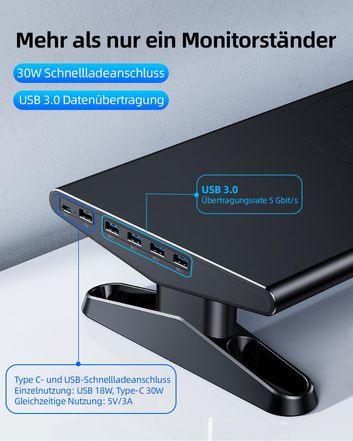 Monitorständer mit 6 USB C 3.0 Hub,HöHenverstellbar Monitor Erhöhung Schreibtisch Organizer Monitor