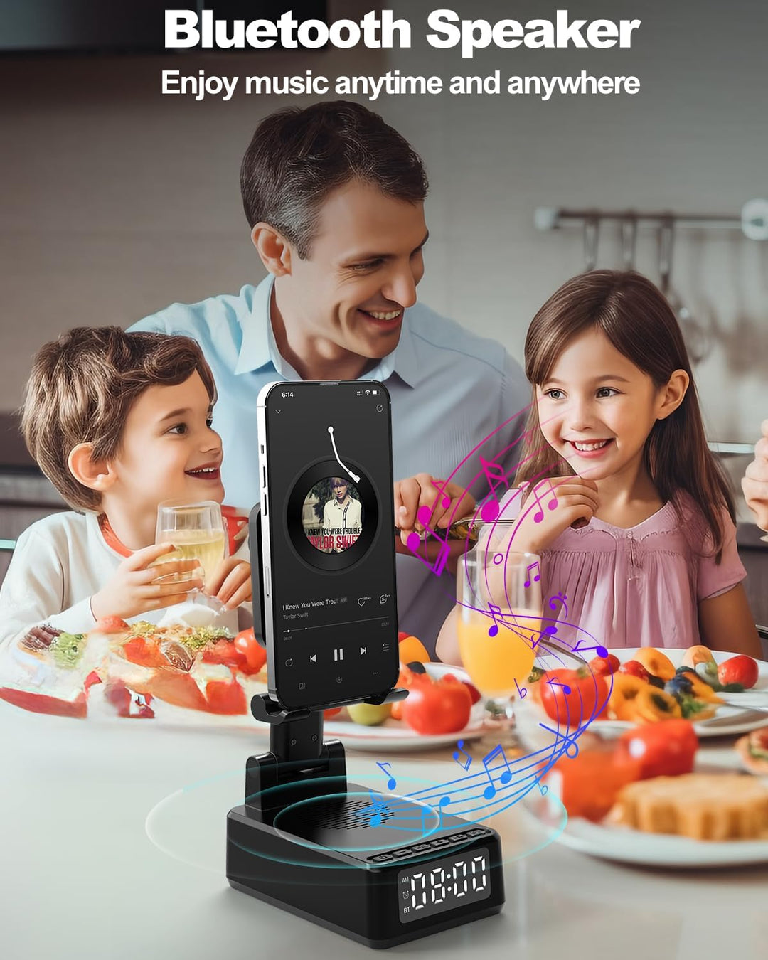 Bluetooth Lautsprecher mit Faltbarer Handyhalterung, 6-in-1 Tragbarer Musikbox, Handy Ständer mit We