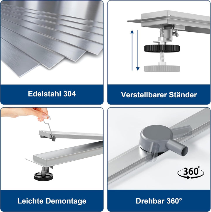 Neodrain Duschrinne 70cm Edelstahl Bodenablauf - 360° Siphon Duschablauf Extra Flach Ablaufrinne mit