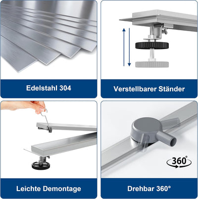 Neodrain Duschrinne 80cm Edelstahl Bodenablauf - 360° Siphon Ablaufrinne Extra Flach mit Geruchsstop