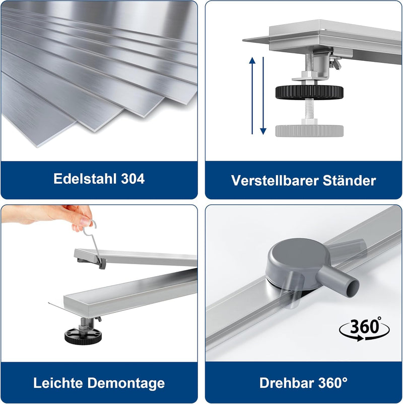 Neodrain Duschrinne 80cm Edelstahl Bodenablauf - 360° Siphon Ablaufrinne Extra Flach mit Geruchsstop