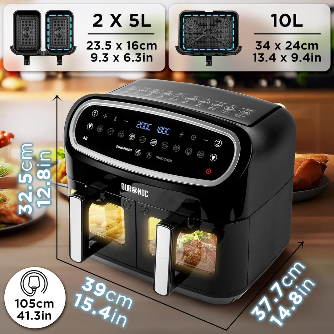Duronic AF34 BK Heissluftfriteuse, XXL Heissluftfritteuse mit 2 Kammern für Pommes, Friteuse HLF 10L