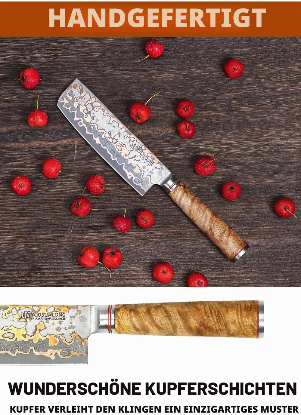 YOUSUNLONG Nakiri Messer asiatische Gemüsemesser 175mm - Ultra Sharp -japanische handgefertigte Kupf