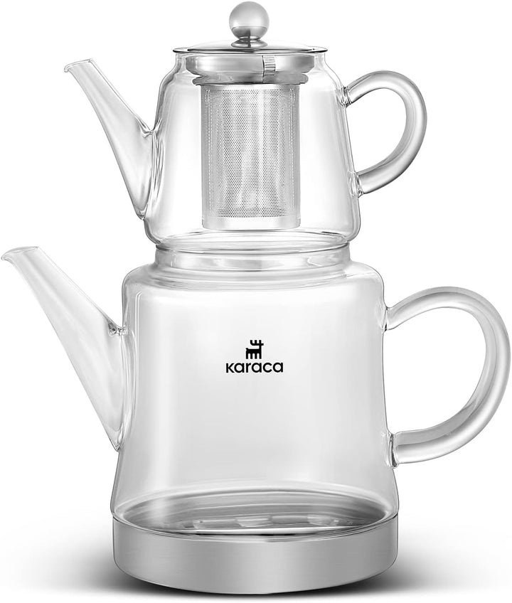 Karaca Dora Teekanne aus Glas, Kanne 450ml, Wasserkocher 180ml, Geeignet für Gas- und Elektrokochsys