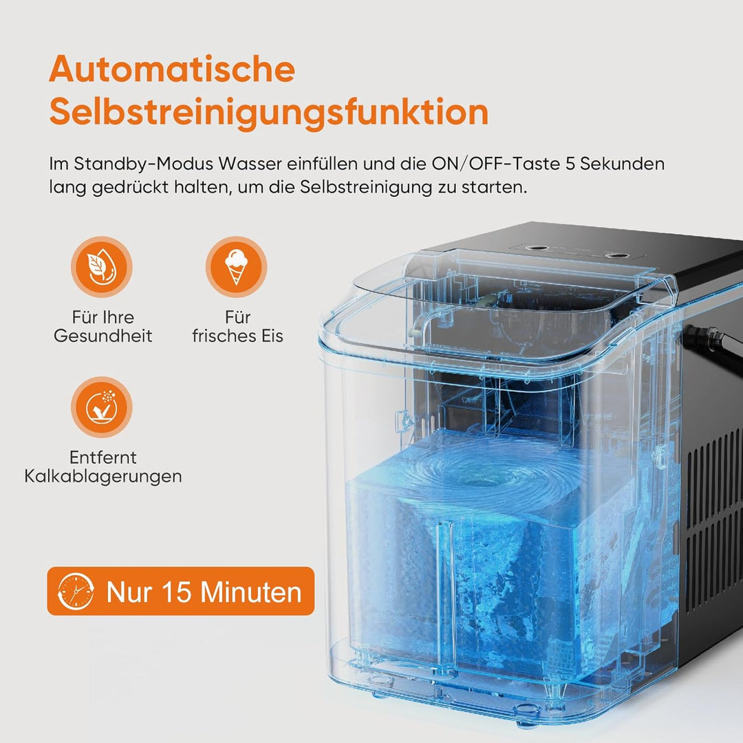 Sweetcrispy Eiswürfelmaschine mit Tragegriff, Selbstreinigend, 9 Eiswürfel in 6 Minuten, 12 kg Eis i