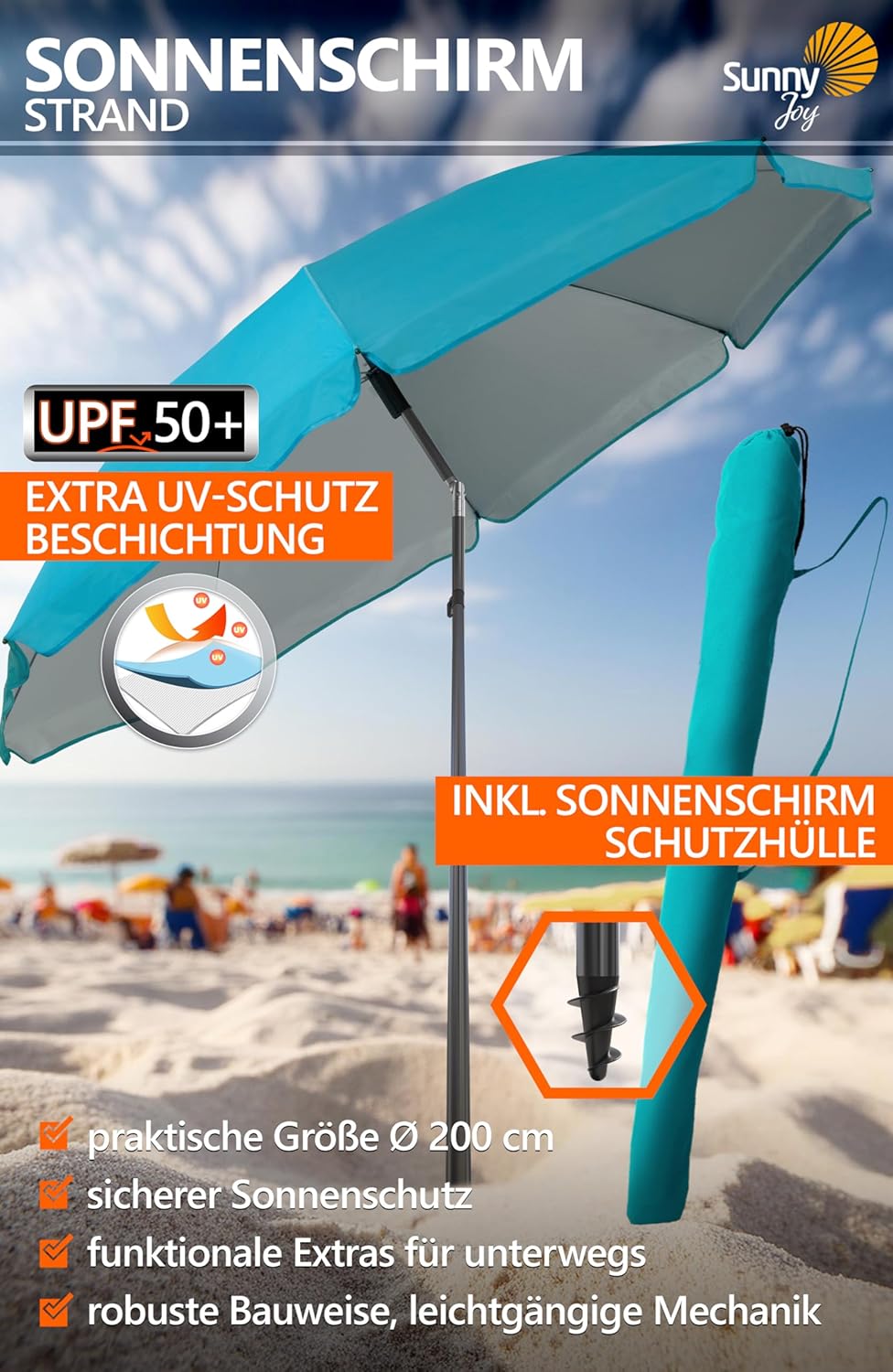 4smile Sonnenschirm Strand SunnyJoy, Türkis - UPF 50+ Strandschirm Ø 200 cm, sicherer Sonnenschutz S