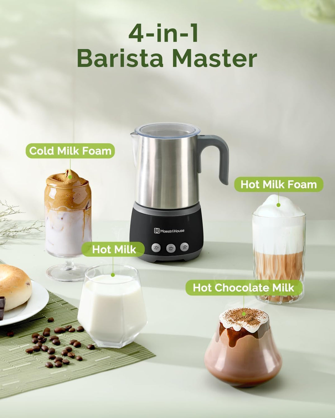 Maestri House Milchaufschäumer, 500ml 4-in-1 Elektrischer Milchschäumer, 600W Smart Touch Control fü
