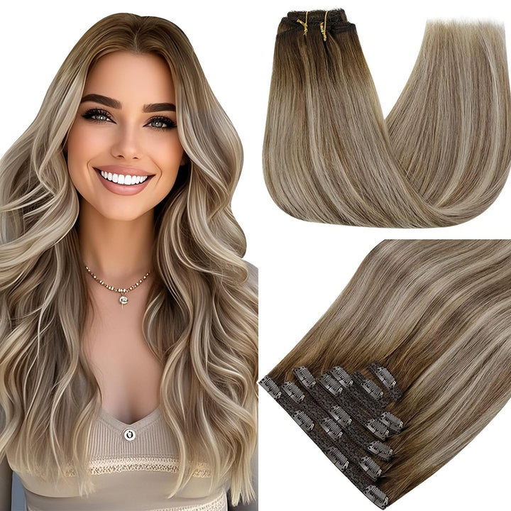 RUNATURE Clip in Echthaar Extensions Balayage Dunkelbraun bis Braun mit Blond Echthaar Clip in Exten