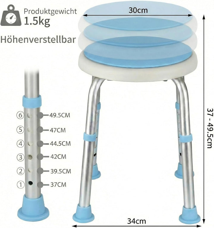 360° Duschhocker, drehbarer und höhenverstellbarer Duschstuhl belastbar bis 136kg, Rutschfester Badh