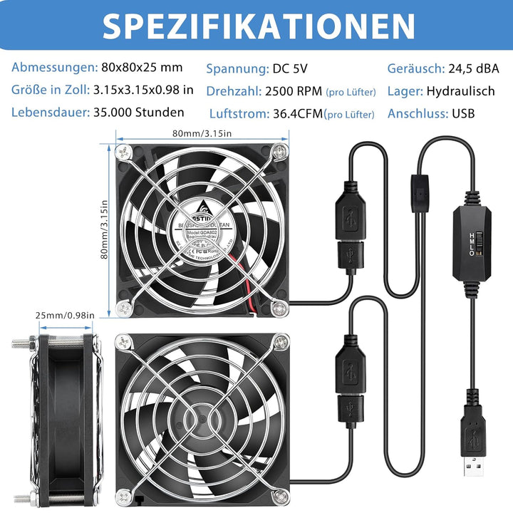 GDSTIME 80mm USB Lüfter 80 x 25mm Gehäuselüfter USB 80mm PC Ventilator 2500 U/min Bürstenloser Lüfte