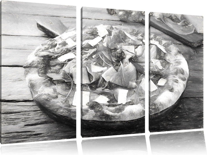 Pixxprint Prosciutto Pizza mit Rucola und Parmesan auf rustikalem Holztisch Kunst Kohle Effekt 3-Tei