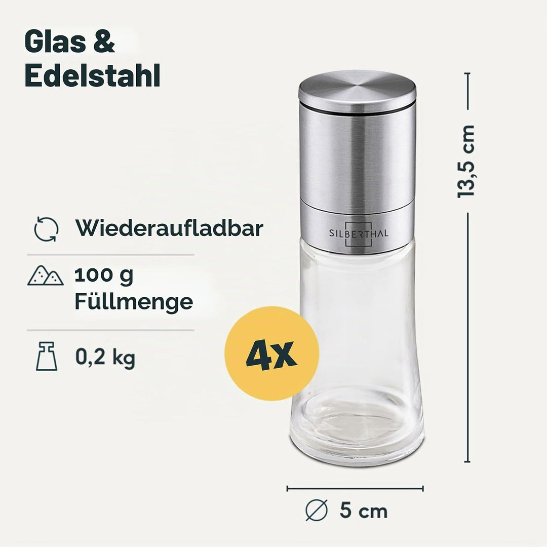 SILBERTHAL Gewürzmühlen 4er Set - verstellbares Keramikmahlwerk - Aromadicht - Salz- &amp; Pfeffermühlen