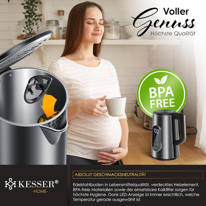 KESSER® Wasserkocher Edelstahl 1.5 Liter | LED-Anzeige | 4-Modi Temperatureinstellung 40°C-100°C | 3