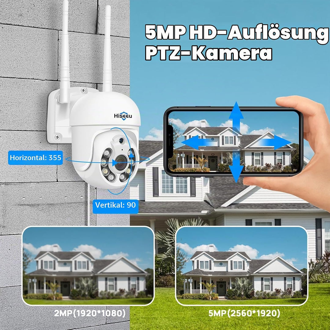 Hiseeu 5 MP Überwachungskamera Aussen-WLAN mit automatischer Verfolgung, 350°/90° schwenkbar, Farbna