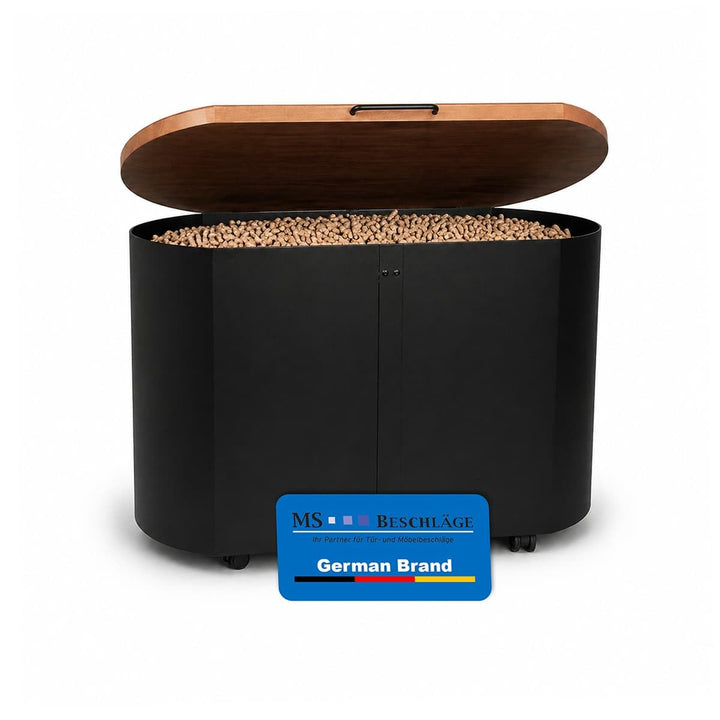 MS Beschläge Design Pelletstruhe mit Nussbaum Holzdeckel Holzkorb Schwarz beschichtet Pelletkorb mit