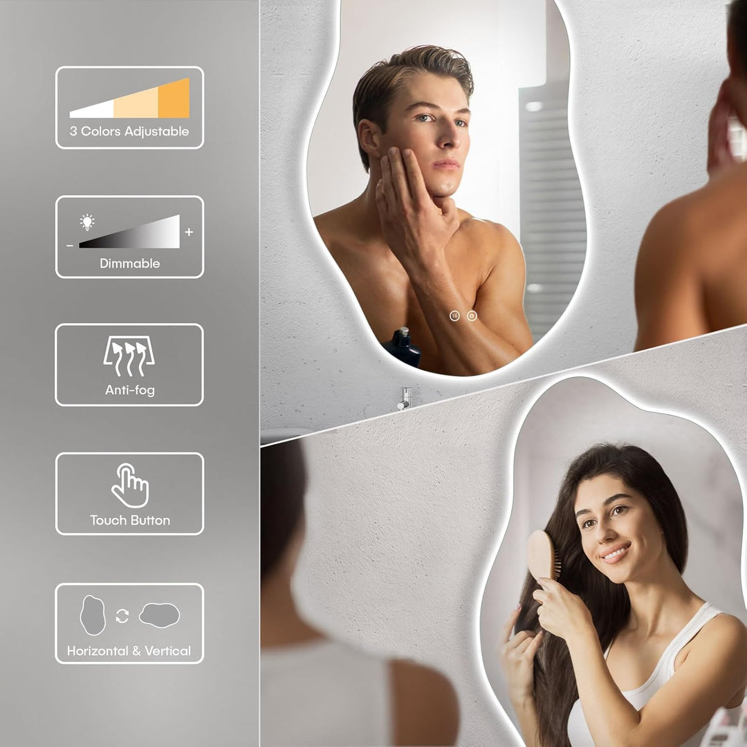 Dripex Badezimmerspiegel Led Badspiegel, Asymmetrisch, Touch-Schalter, Dimmbar, 3 Lichtfarbe Einstel