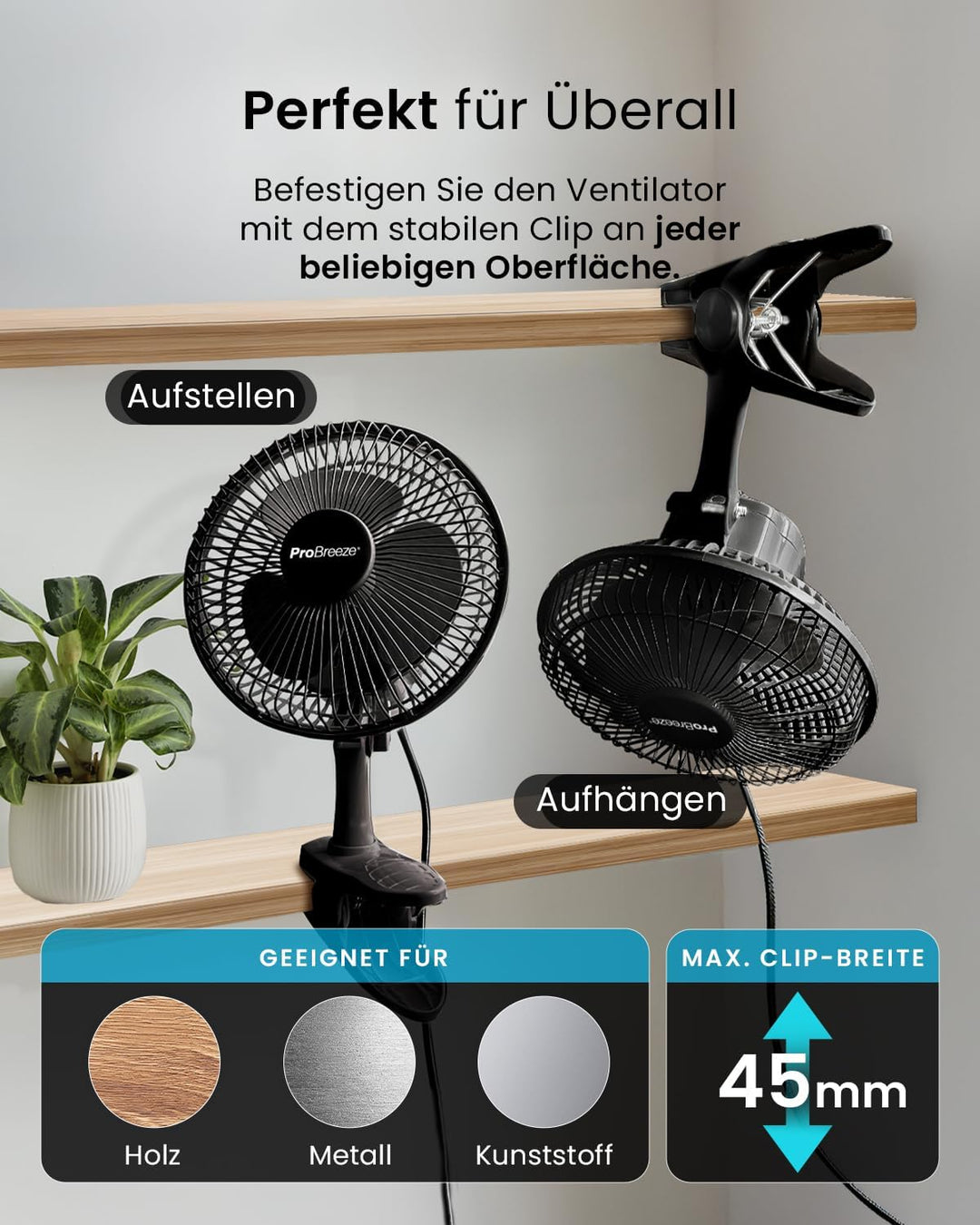 Pro Breeze Mini Ventilator mit Clip - 20 cm Durchmesser, 2 Geschwindigkeitsstufen, starke + stabile