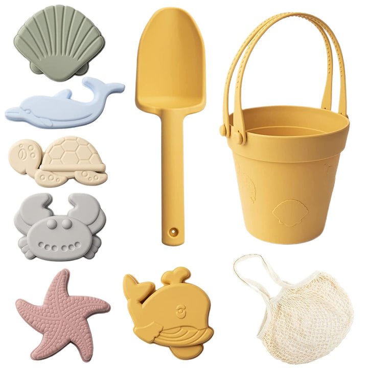 Sandspielzeug für Kinder, 8 Stück, sicheres Silikon-Strandspielzeug mit Schaufel, Eimer und Sandform