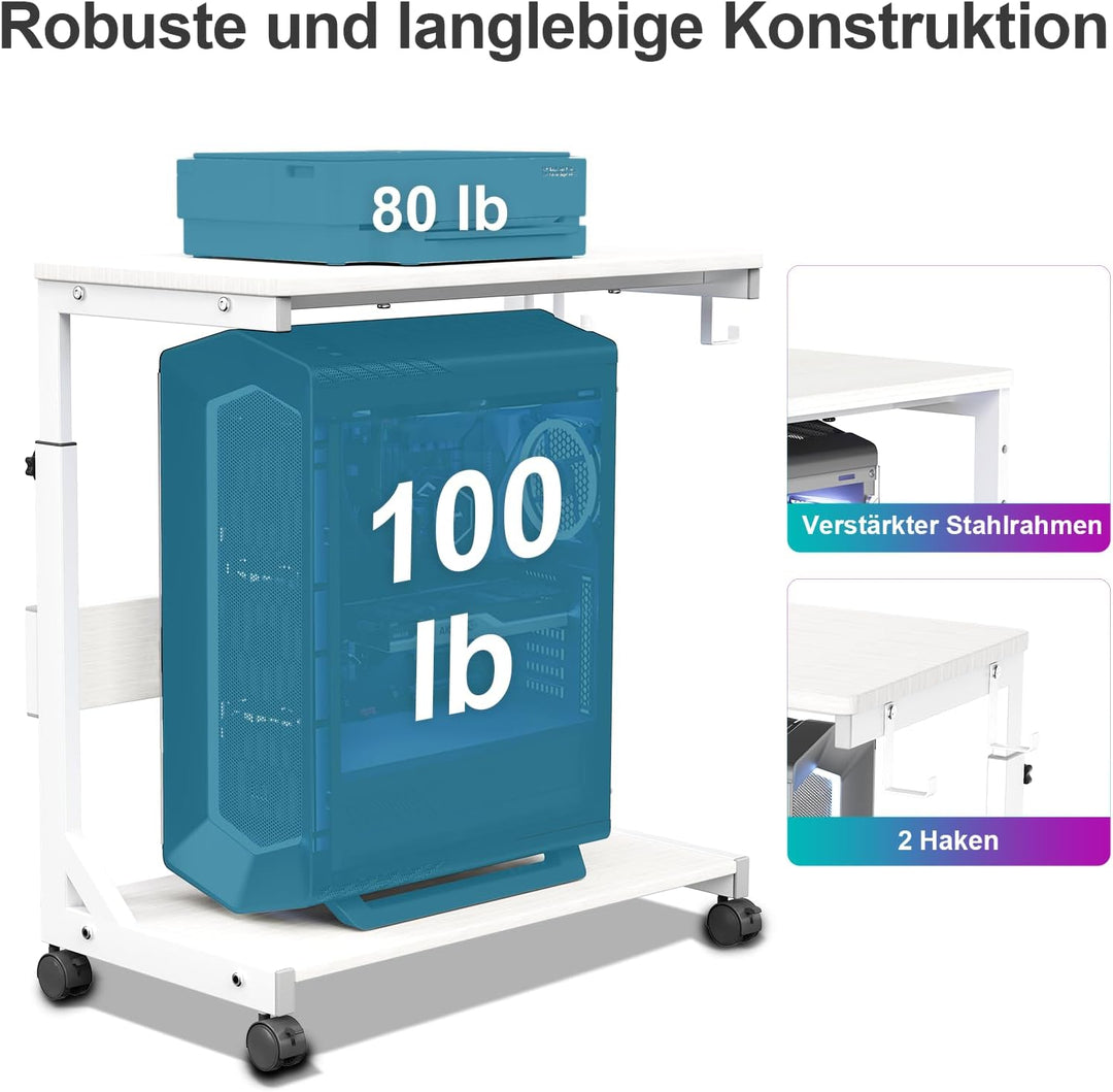 Höhenverstellbarer PC Ständer mit Rollen, 2 Haken, 2-stufig | Computer Tower Ständer, Druckerständer