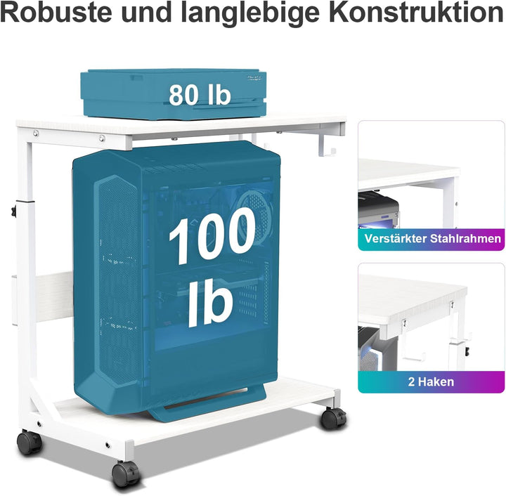 Höhenverstellbarer PC Ständer mit Rollen, 2 Haken, 2-stufig | Computer Tower Ständer, Druckerständer