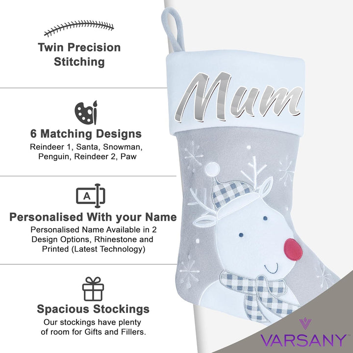 Varsany Premium Personalisierte Grau Rentier Weihnachtsstrümpfe - Passende Custom Xmas Strümpfe für