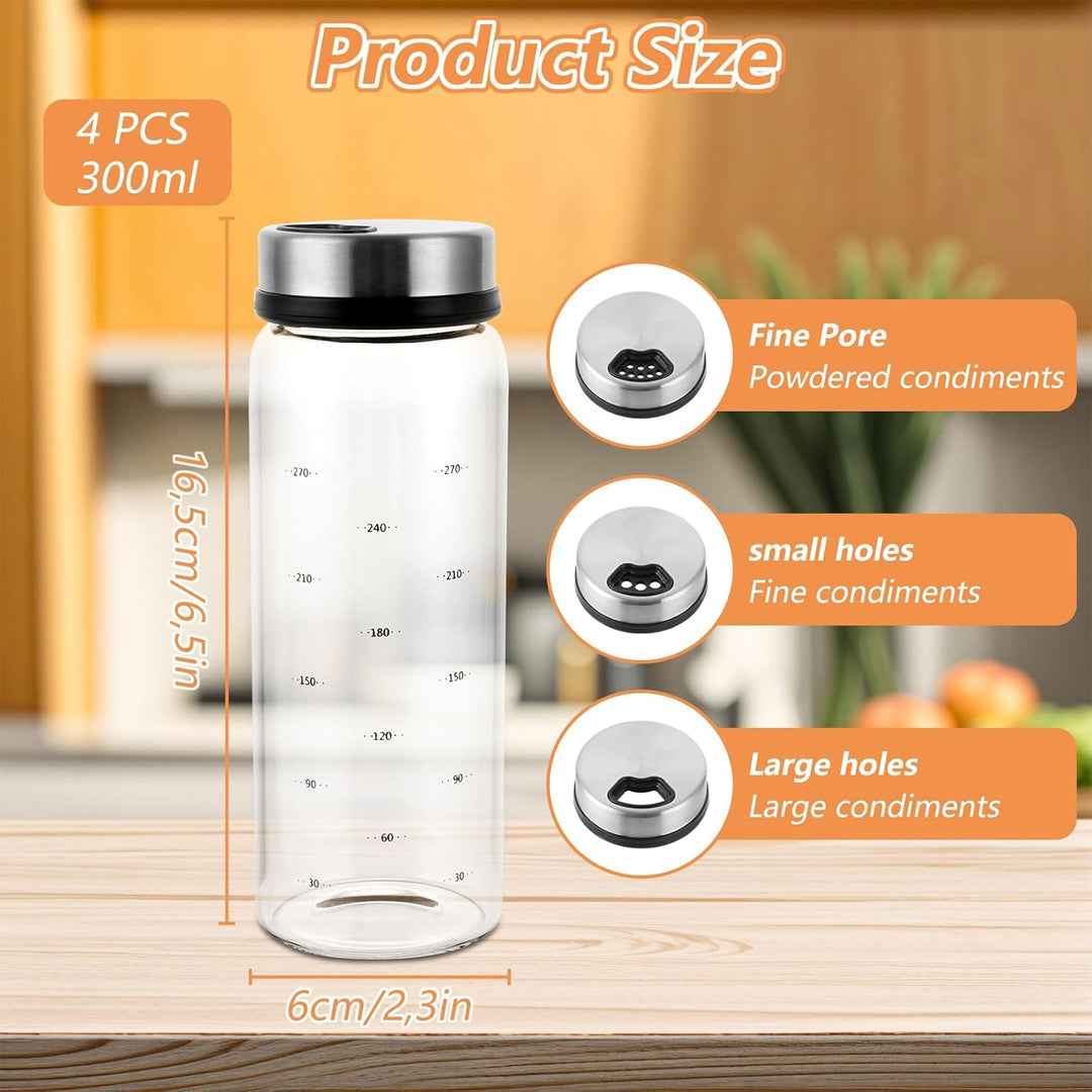 4 Stück Gewürzgläser mit Drehdeckel 300ml Gewürzstreuer Glas 16.5x6 cm Luftdicht Gewürzdosen mit 4 A