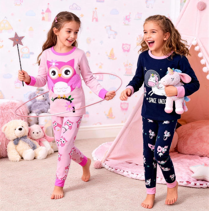 Mädchen Pyjamas Set Pyjamas 100% Baumwolle PJs Langarm Kurzarm Nachtwäsche 2-12 Jahre Einhorn-eule 3