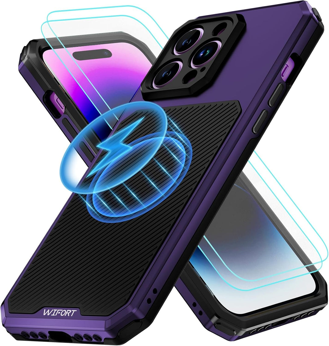 WIFORT Magnetisch Metall Hülle für iPhone 14 Pro Max Kompatibel mit MagSafe, mit 2 Stück Schutzglas,