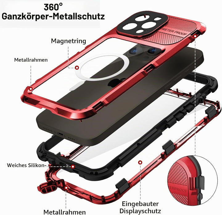 WIFORT für iPhone 14 Pro Hülle Wasserdicht mit MagSafe, 360 Outdoor Metall Schutzhülle mit Displaysc