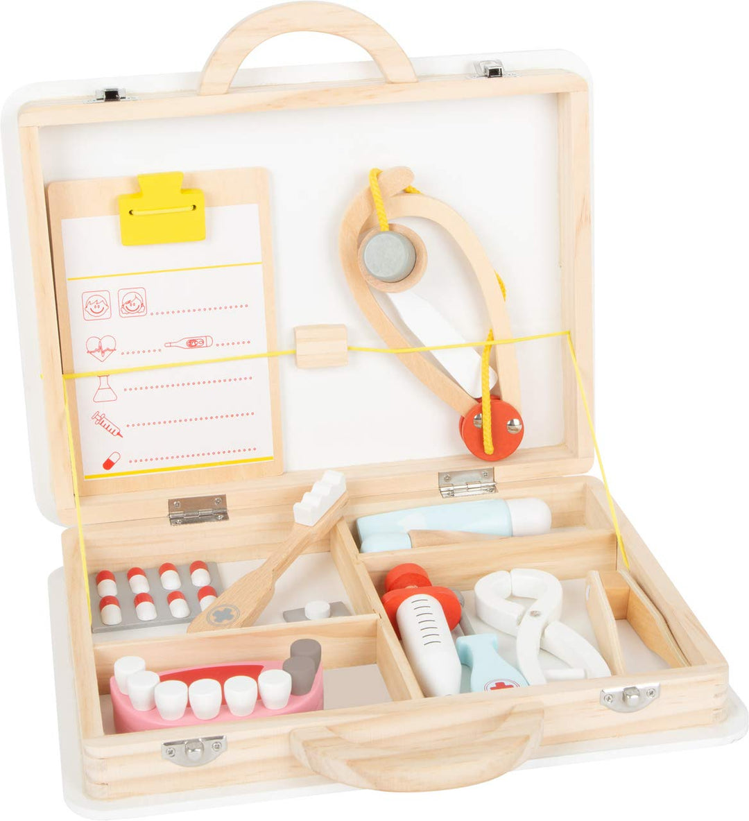 small foot Arztkoffer Zahnarzt aus Holz, mit Spritze, Stethoskop, Gebiss, Rollenspielzeug für Kinder