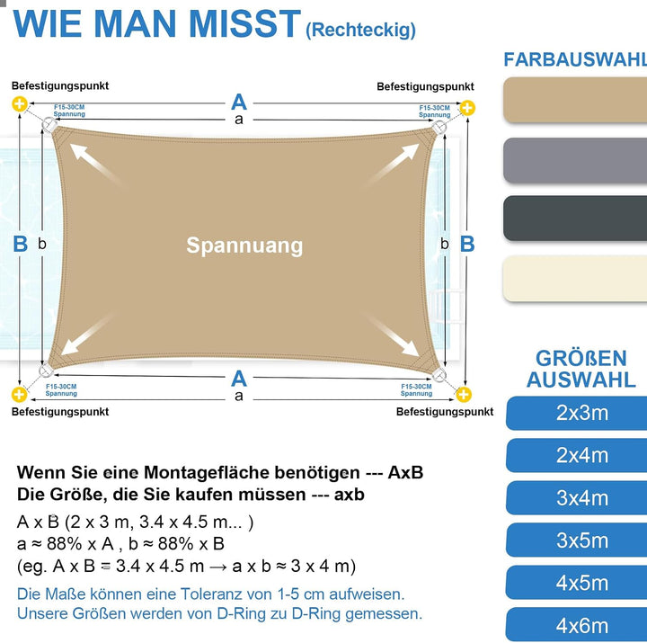4x6m Sonnensegel Rechteckig Wasserdicht Sonnenschutz, Sand | 95% UV Schutz, Regenschutz, Sunsegel, E