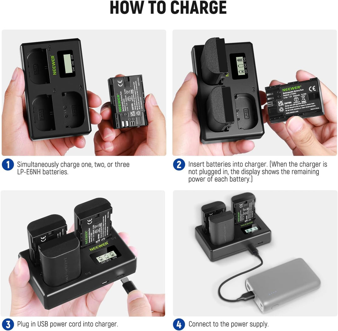NEEWER LP-E6NH Ersatz Akku und USB Ladegerät Set, 3er Pack 2250mAh Ersatz für LP-E6NH Akku &amp; Triple