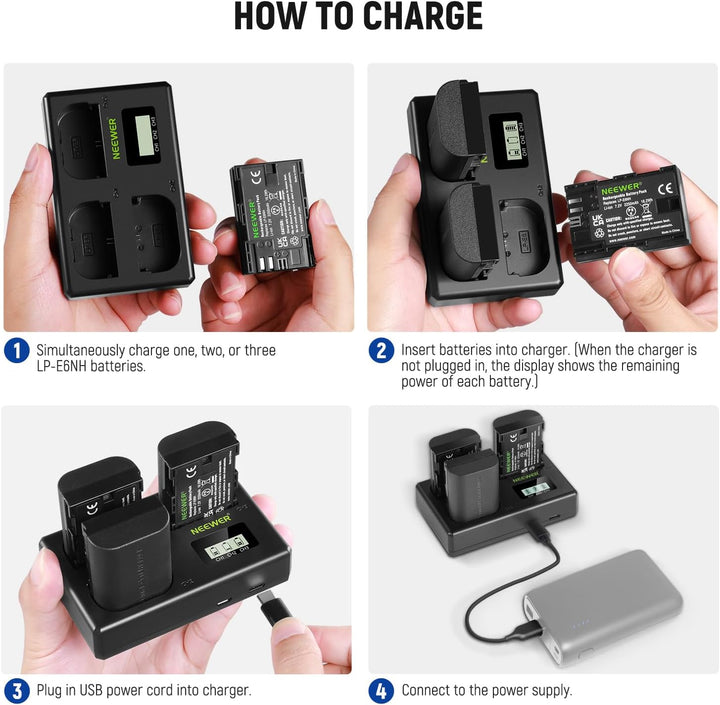 NEEWER LP-E6NH Ersatz Akku und USB Ladegerät Set, 3er Pack 2250mAh Ersatz für LP-E6NH Akku &amp; Triple
