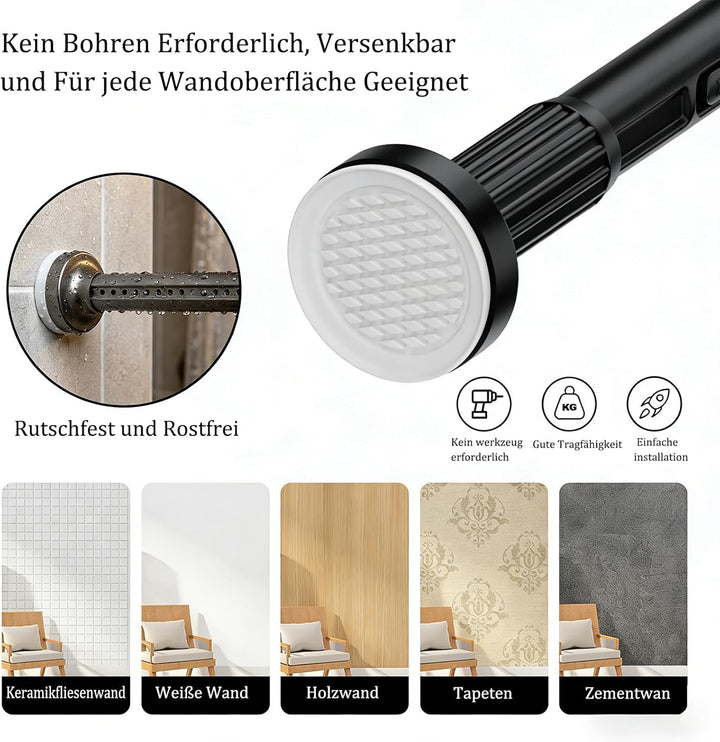 Gardinenstange ohne Bohren 100-400cm, Ø32mm Matt Schwarz Multifunktionale Vorhangstange zum Einklemm
