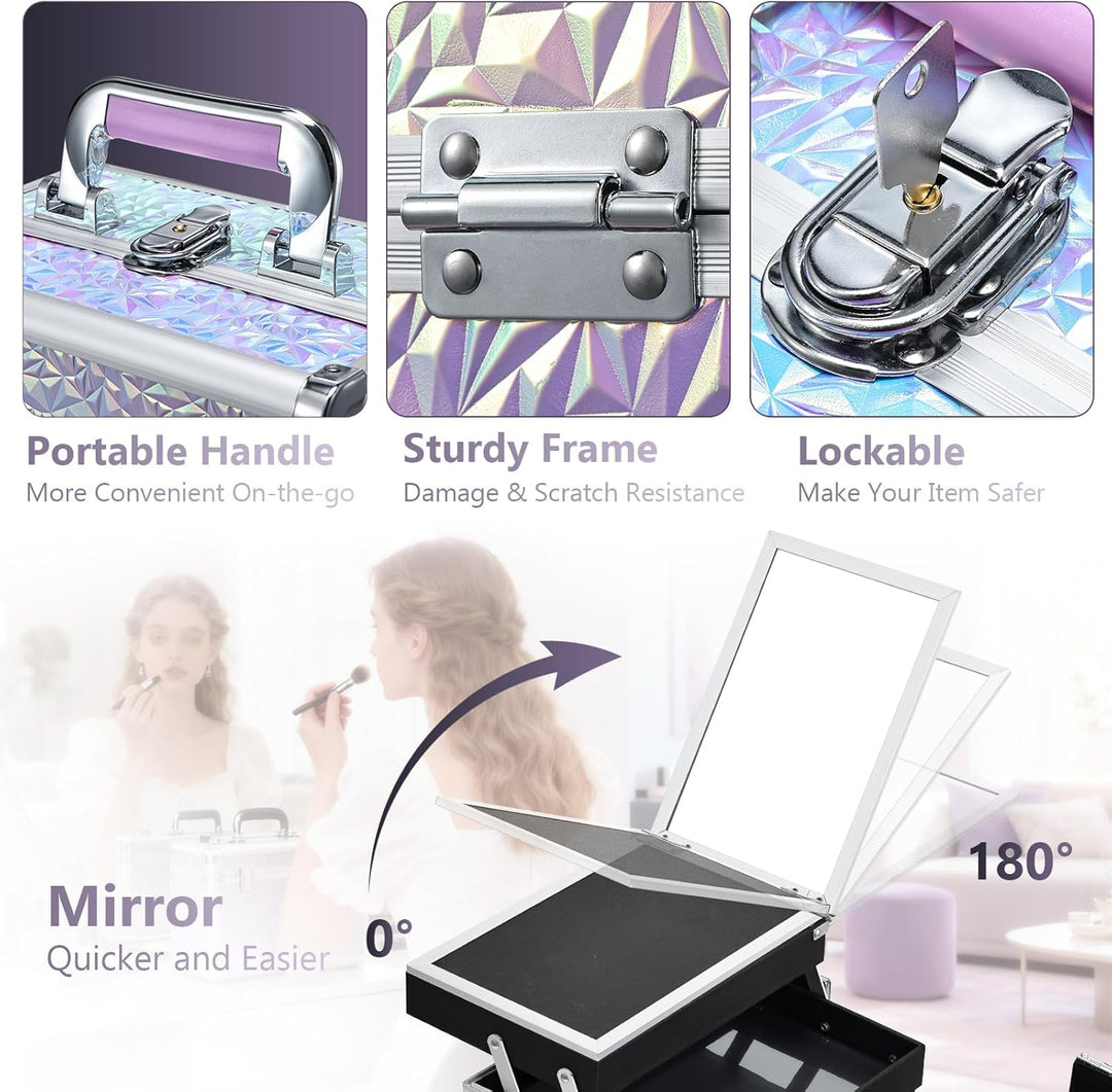 Kosmetikkoffer Schminkkoffer Leer Make up Koffer mit Spiegel Abschliessbare Beauty Case Nagelkoffer